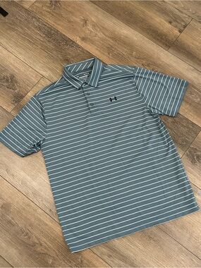 Under Armour Playoff Polo Size Large, Slate Blue with Stripes, EUC!